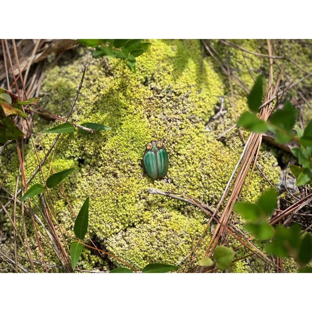 Antique Chinese Enamel June Bug Brooch Green Beetle Insect Pin